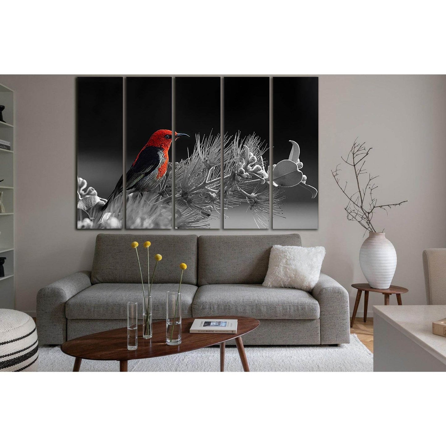 Red Bird On A Flower Black And White №SL848 Ready to Hang Canvas Print - Zellart Canvas Prints 0new, ALL_Products, Black & White Wall Art