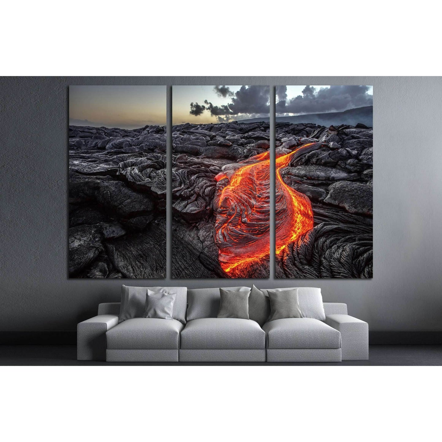 Red Orange vibrant Molten Lava flowing onto grey lavafield. Hawaii №2907 Ready to Hang Canvas Print - Zellart Canvas Prints ALL_Products, s-2907