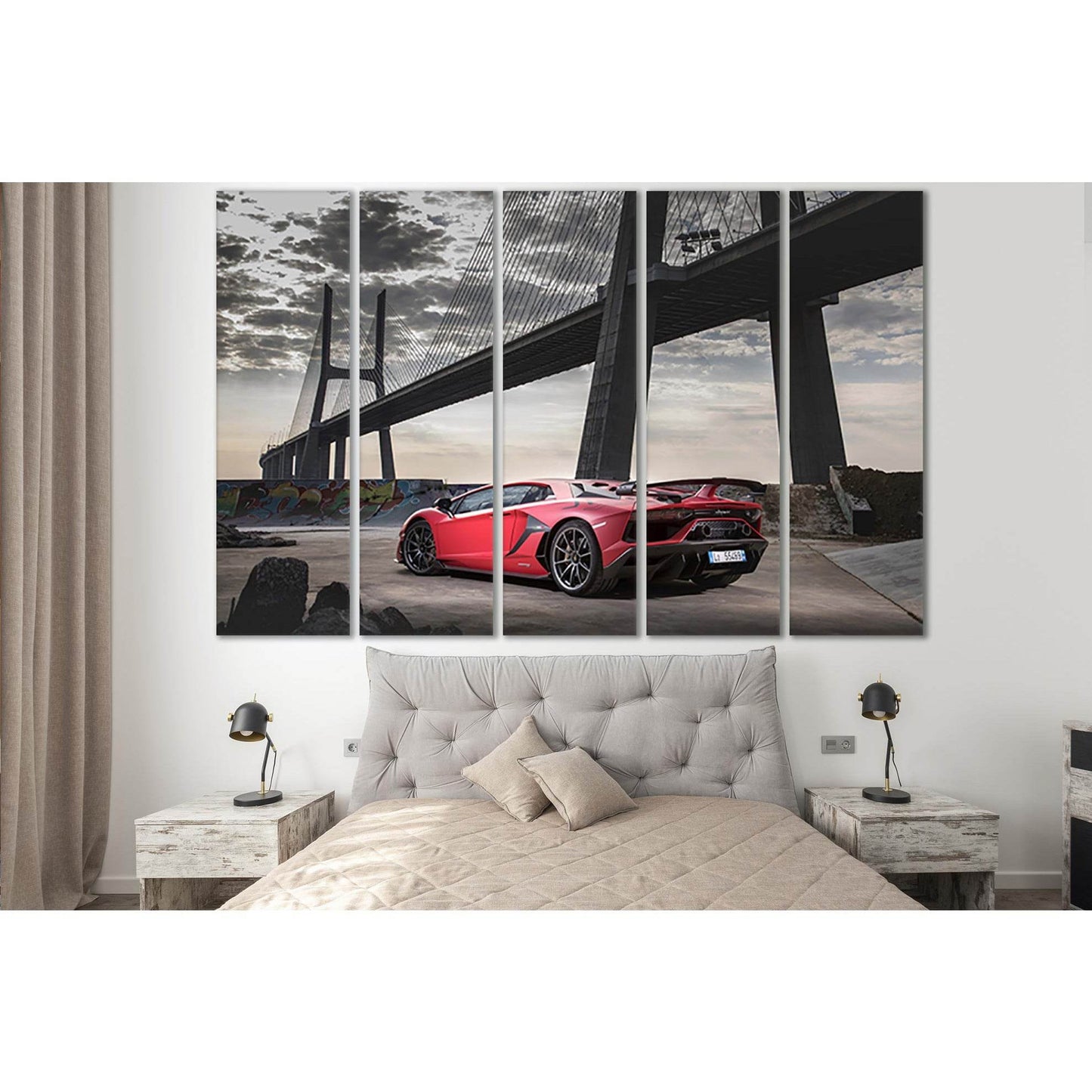 Red Sports Car Near The Bridge №SL1127 Ready to Hang Canvas Print - Zellart Canvas Prints 0new, ALL_Products, Bridges Wall Art