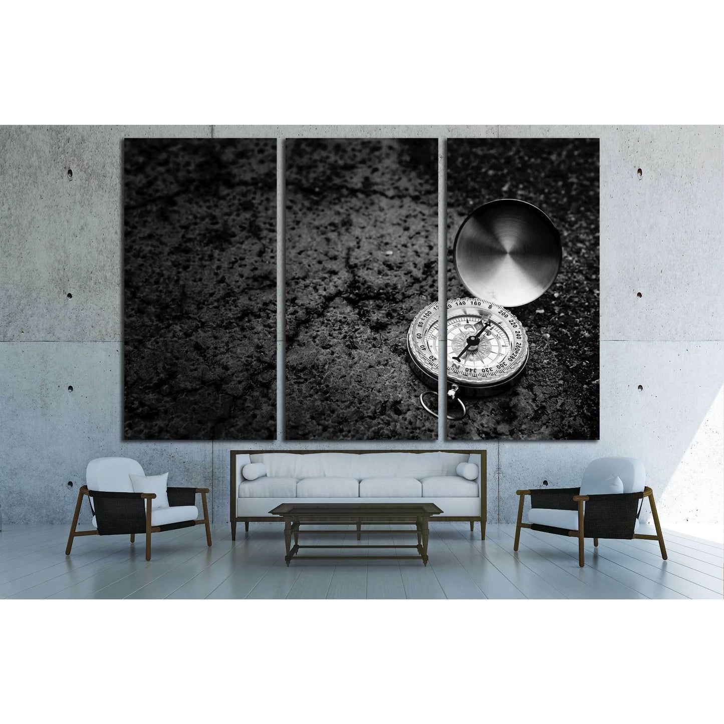 Retro compass on road texture background, black and white tone, journey of life concept №2817 Ready to Hang Canvas Print - Zellart Canvas Prints ALL_Products, s-2817