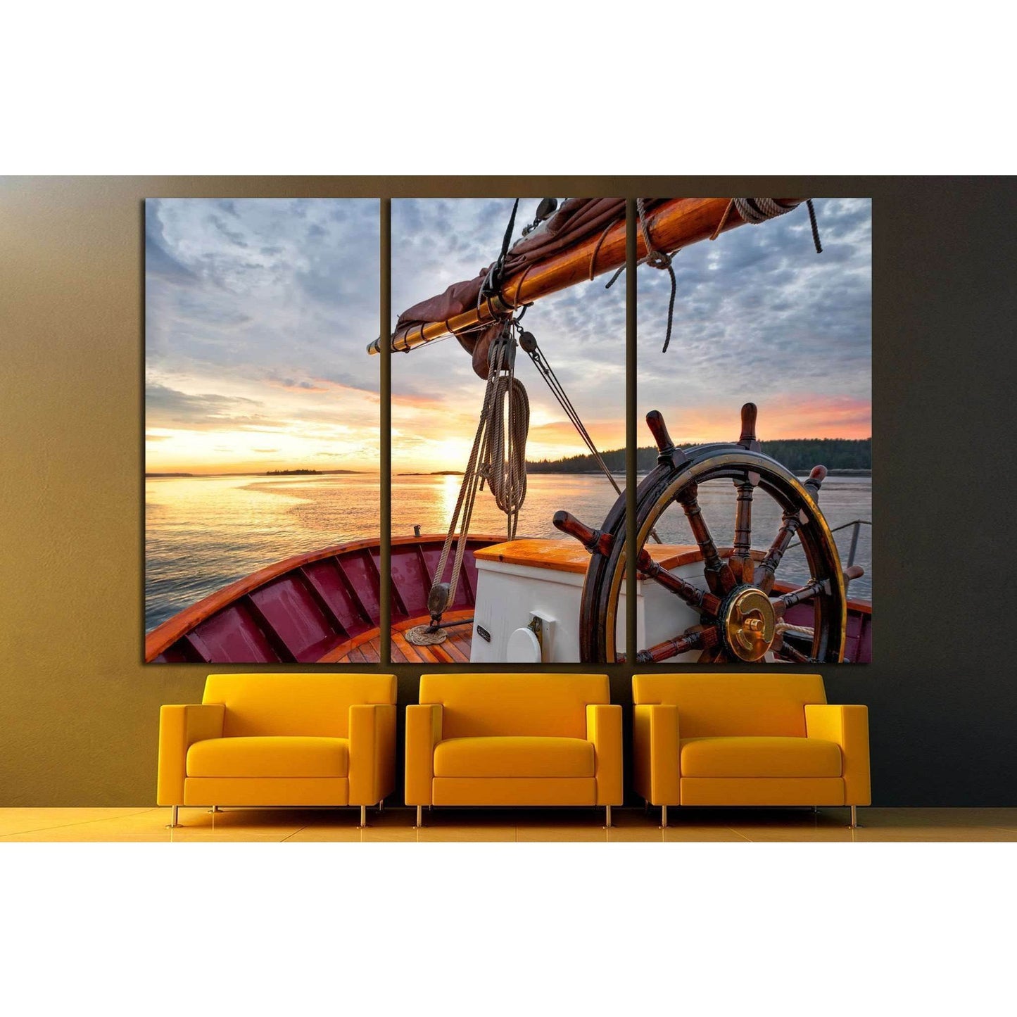 Sunrise at sea on a tall ship, Close up of the wheel №1408 Ready to Hang Canvas Print - Zellart Canvas Prints ALL_Products, s-1408