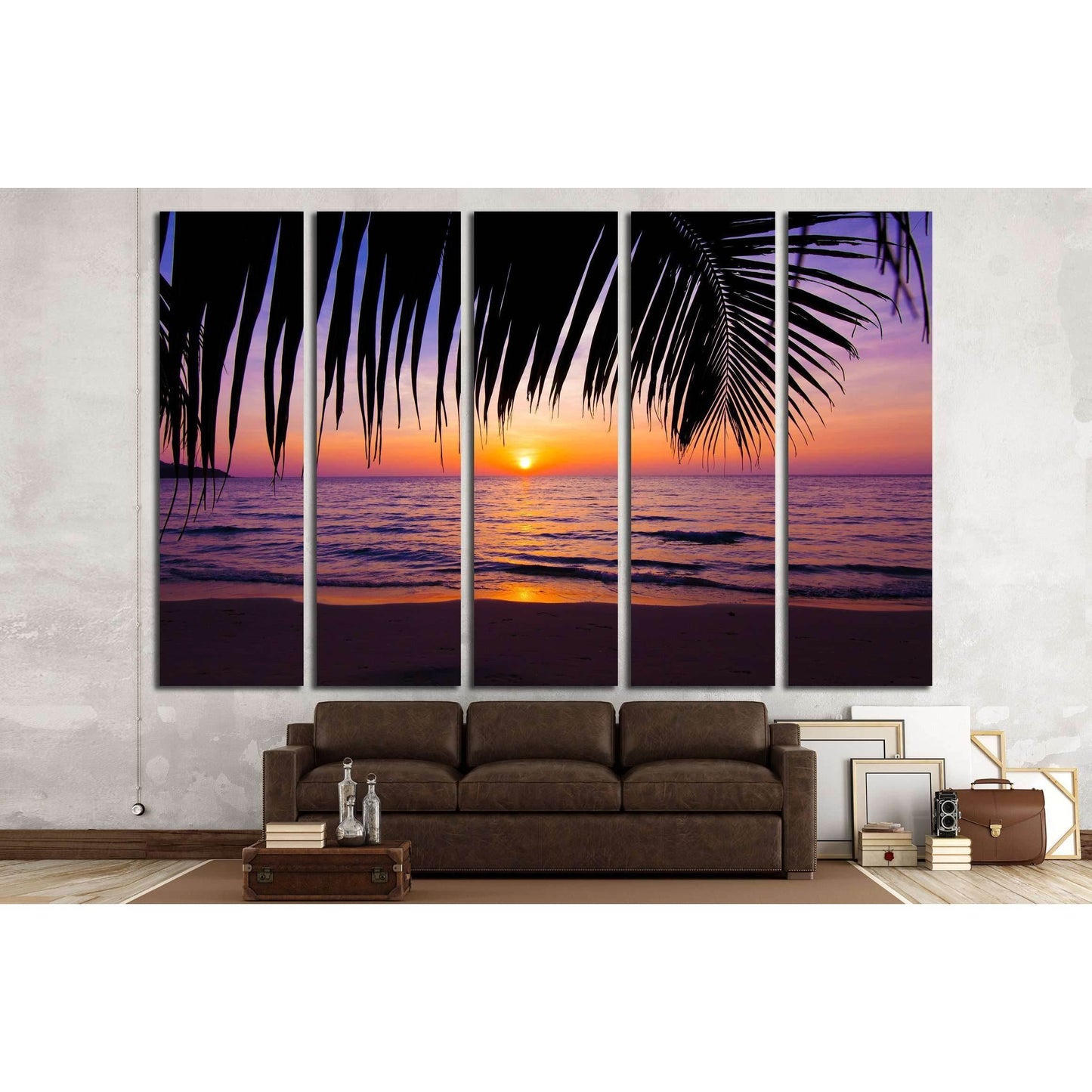 sunset landscape. beach sunset. palm trees silhouette on sunset tropical beach №3215 Ready to Hang Canvas Print - Zellart Canvas Prints ALL_Products, s-3215