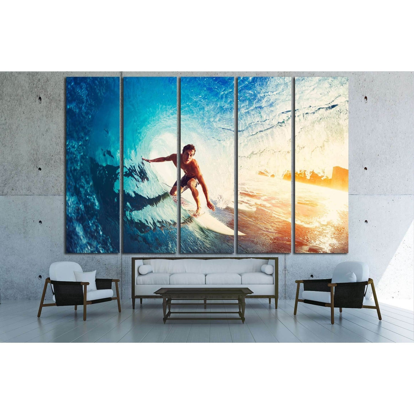 Surfer on Blue Ocean Wave Getting Barreled at Sunrise №3246 Ready to Hang Canvas Print - Zellart Canvas Prints ALL_Products, s-3246