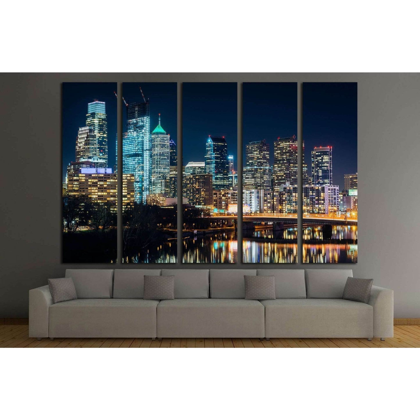The Philadelphia skyline and Schuylkill River at night, Pennsylvania №2026 Ready to Hang Canvas Print - Zellart Canvas Prints ALL_Products, s-2026