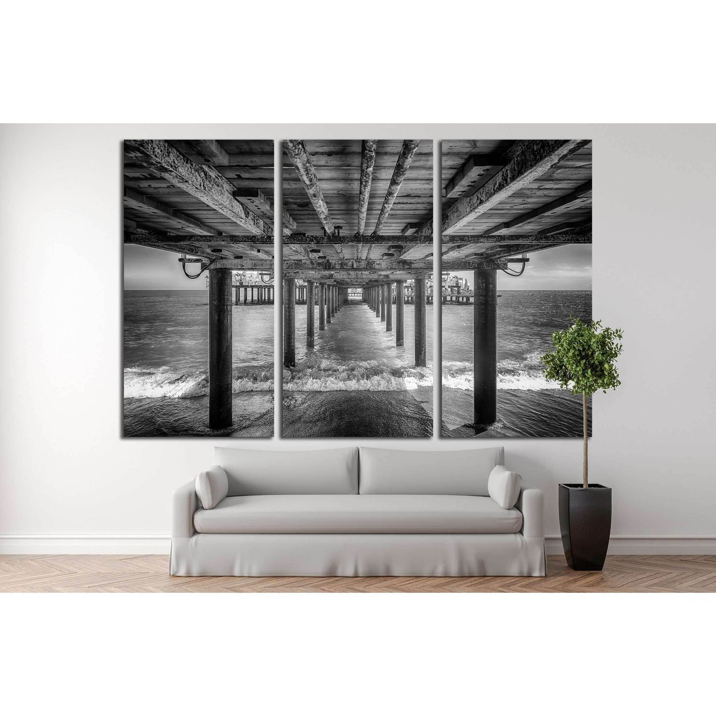 The underside of a pier with rest area on the end of it, black and white №2935 Ready to Hang Canvas Print - Zellart Canvas Prints ALL_Products, s-2935