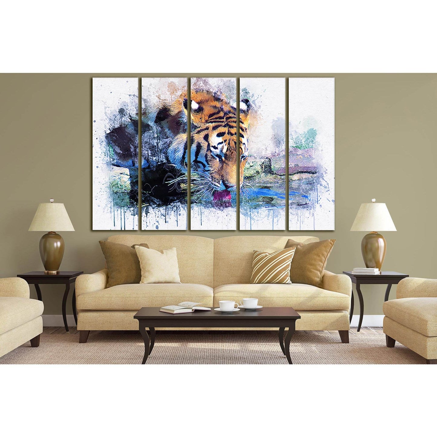 Tiger Drinks Water Oil Painting №SL576 Ready to Hang Canvas Print - Zellart Canvas Prints 0new, ALL_Products, Oil Painting Wall Art, Tiger