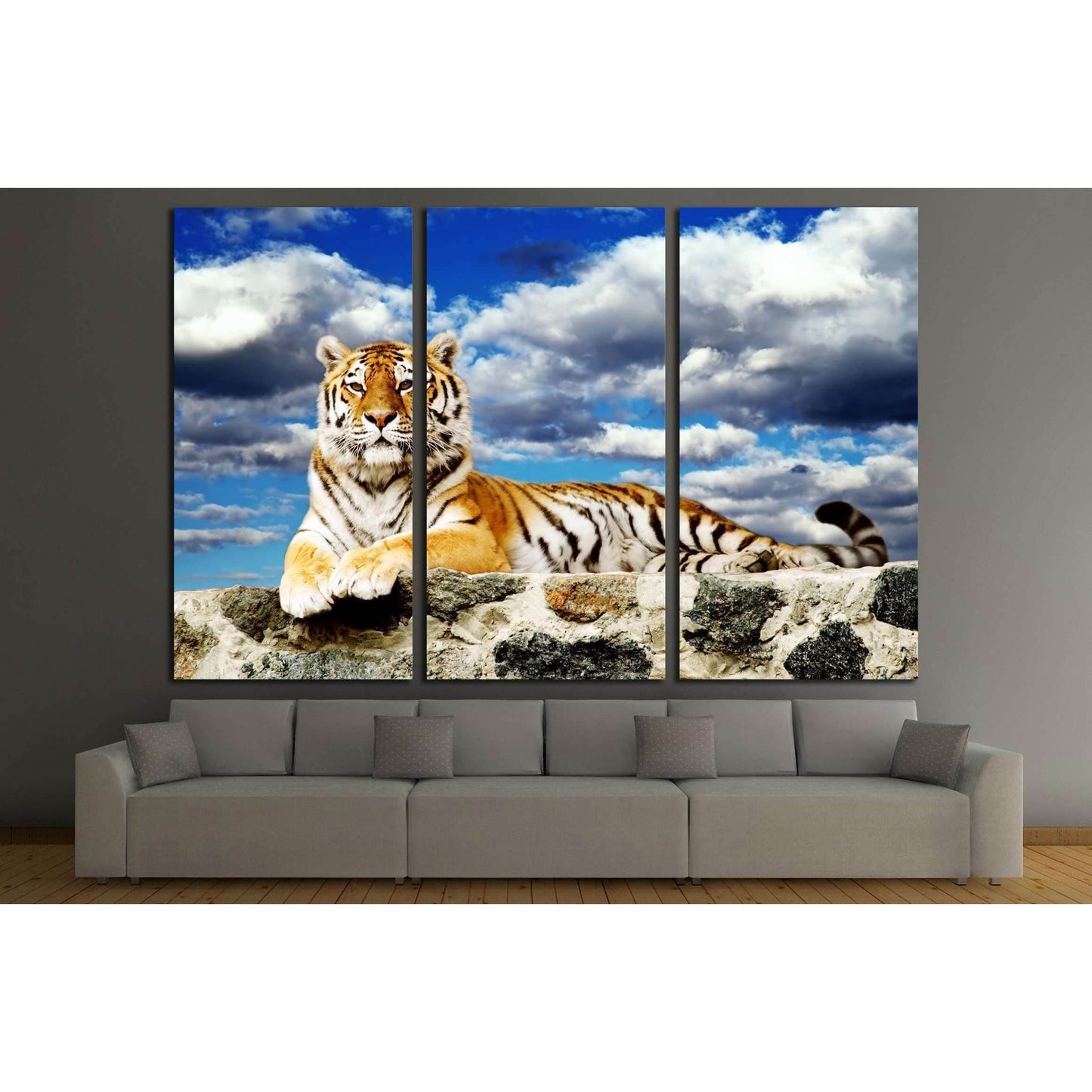 Tiger lay in the storm sky №2331 Ready to Hang Canvas Print - Zellart Canvas Prints ALL_Products, s-2331, Tiger