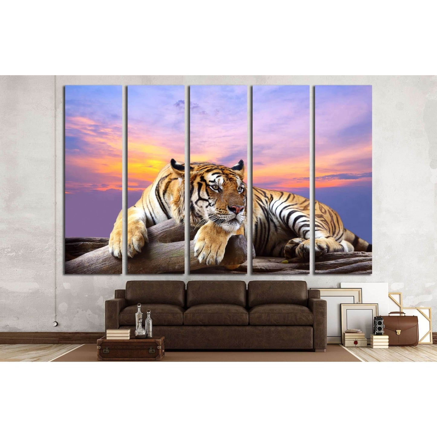 Tiger looking something on the rock with beautiful sky at sunset time №2793 Ready to Hang Canvas Print - Zellart Canvas Prints ALL_Products, s-2793, Tiger
