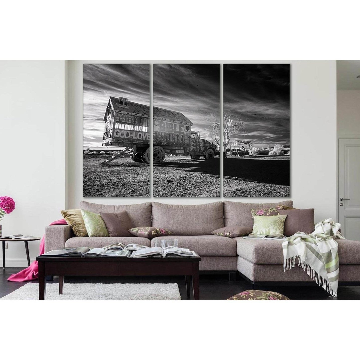 Truck With Inscription God Is Love №SL835 Ready to Hang Canvas Print - Zellart Canvas Prints 0new, ALL_Products, Black & White Wall Art