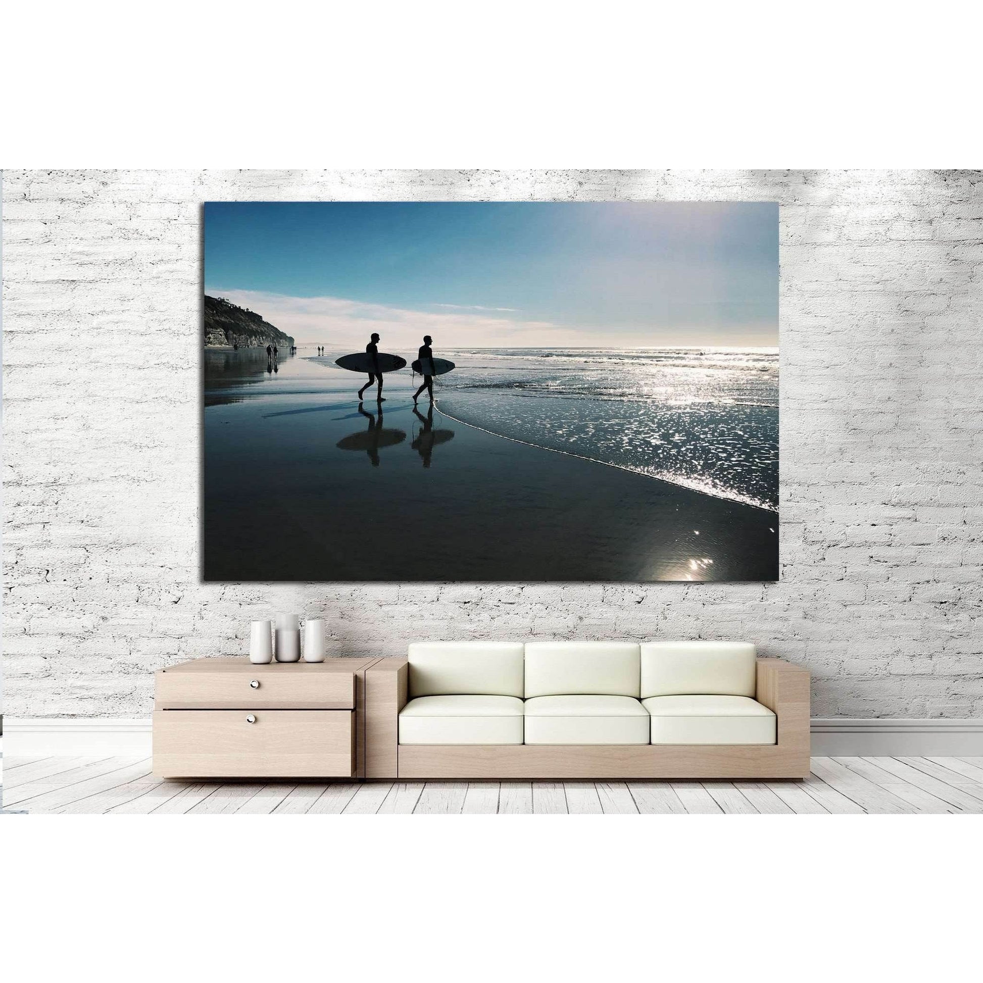 Two surfers, San Diego №1015 Ready to Hang Canvas PrintCanvas art arrives ready to hang, with hanging accessories included and no additional framing required. Every canvas print is hand-crafted, made on-demand at our workshop and expertly stretched around