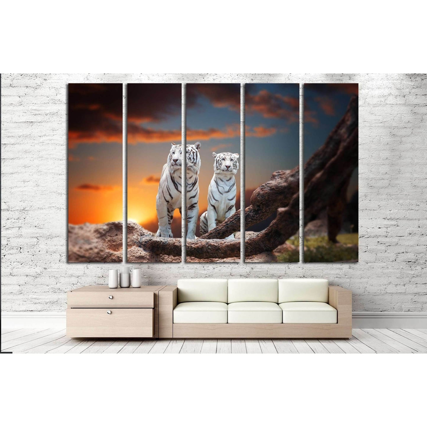 two white tiger sitting on a rock and watching the sunset №2362 Ready to Hang Canvas Print - Zellart Canvas Prints ALL_Products, s-2362, Tiger