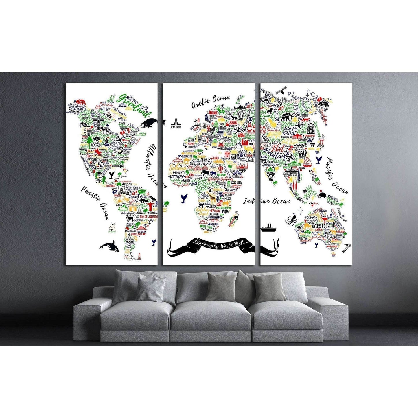 Typography World Map. Travel Poster with cities and sightseeing attractions №1930 Ready to Hang Canvas Print - Zellart Canvas Prints ALL_Products, s-1930
