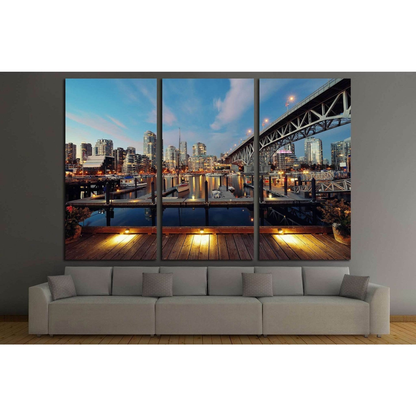 Vancouver False Creek at night with bridge and boat №2015 Ready to Hang Canvas Print - Zellart Canvas Prints ALL_Products, s-2015
