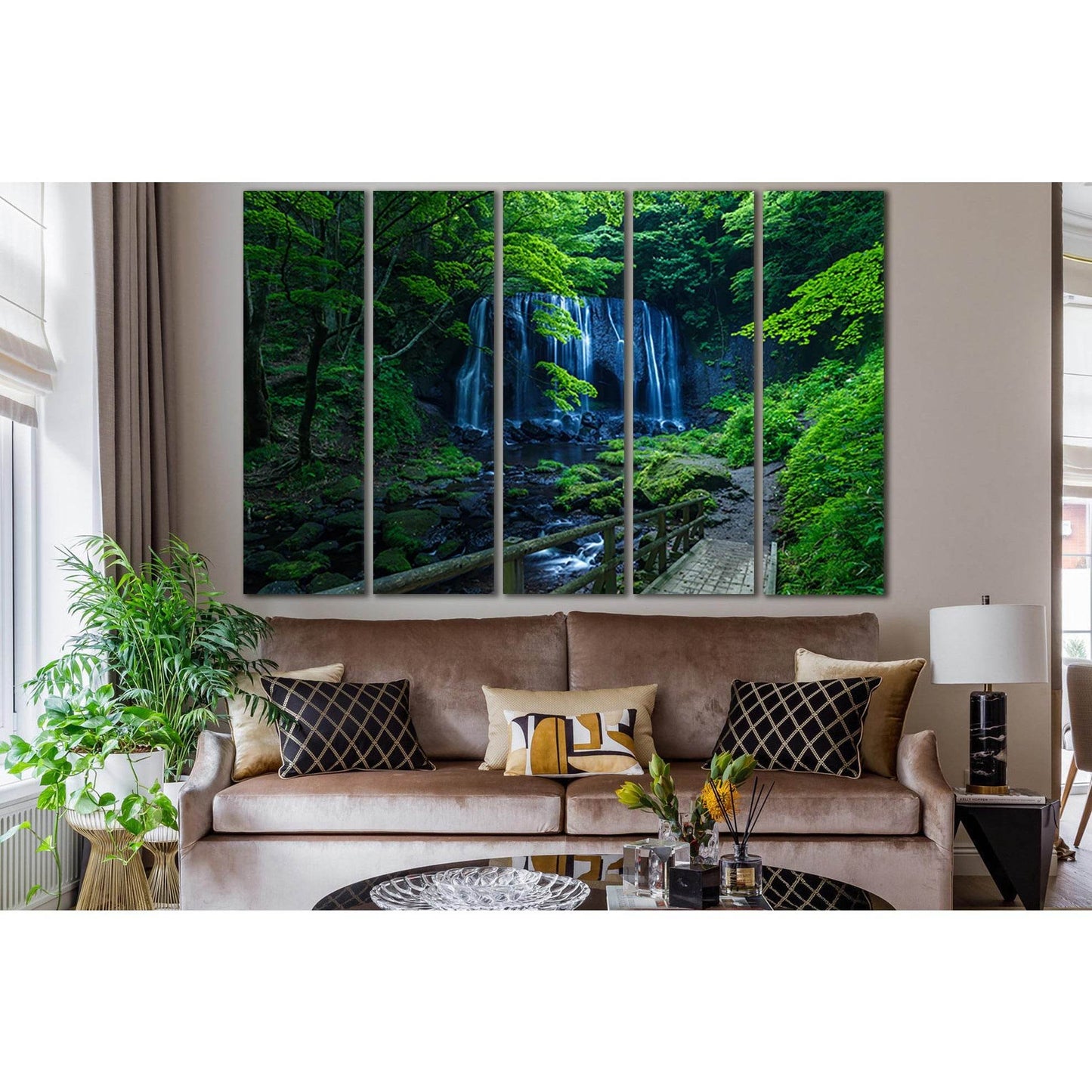 Waterfall In Deciduous Forest №SL1067 Ready to Hang Canvas Print - Zellart Canvas Prints 0new, ALL_Products, Trees Wall Art, Waterfall