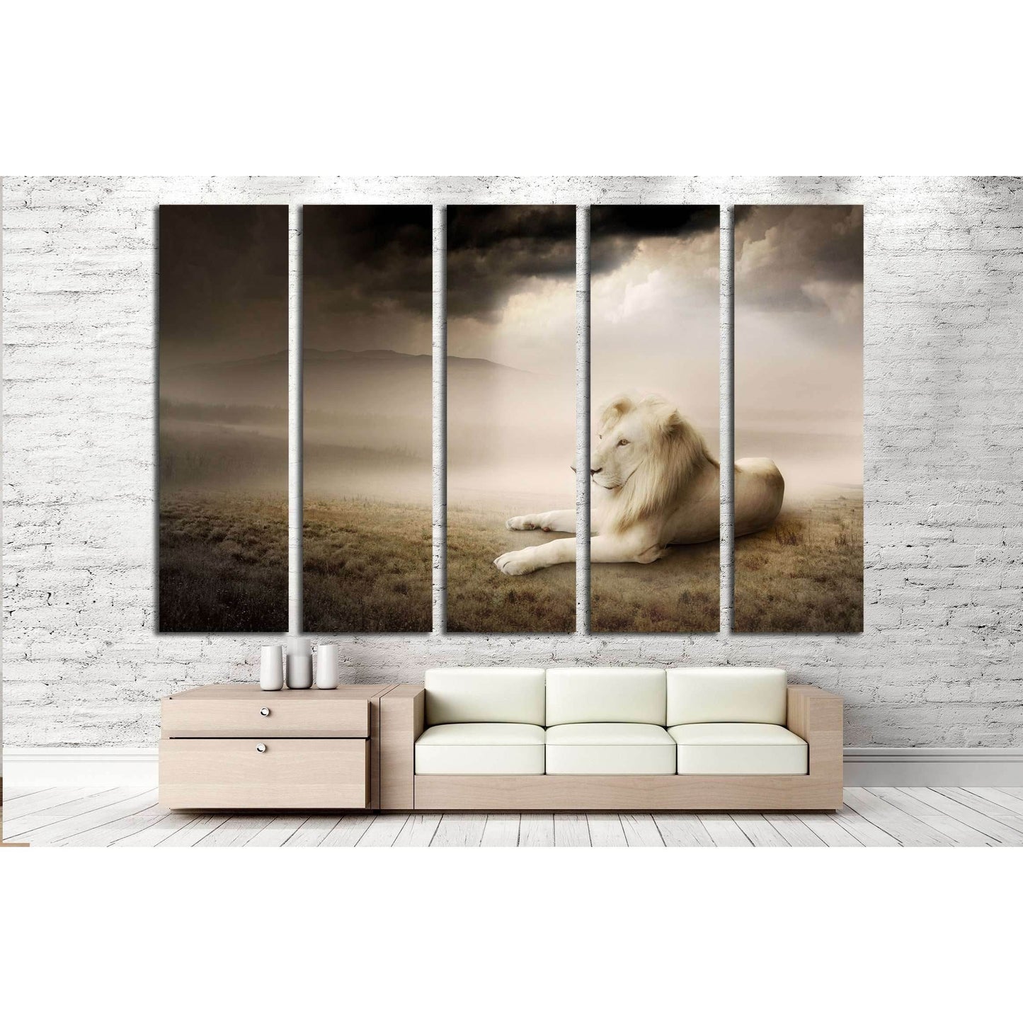 White lion at sunset №2789 Ready to Hang Canvas Print - Zellart Canvas Prints ALL_Products, Lion, s-2789