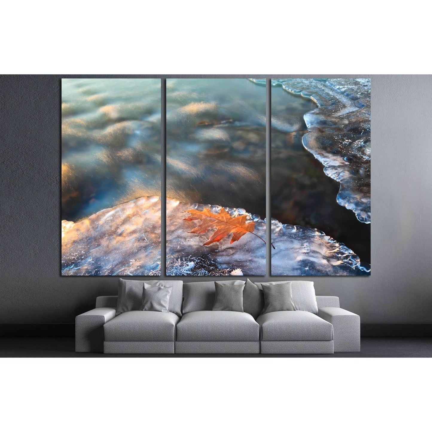 Winter icy stream and yellow leaf on the ice. Beautiful Christmas card №3210 Ready to Hang Canvas Print - Zellart Canvas Prints ALL_Products, s-3210