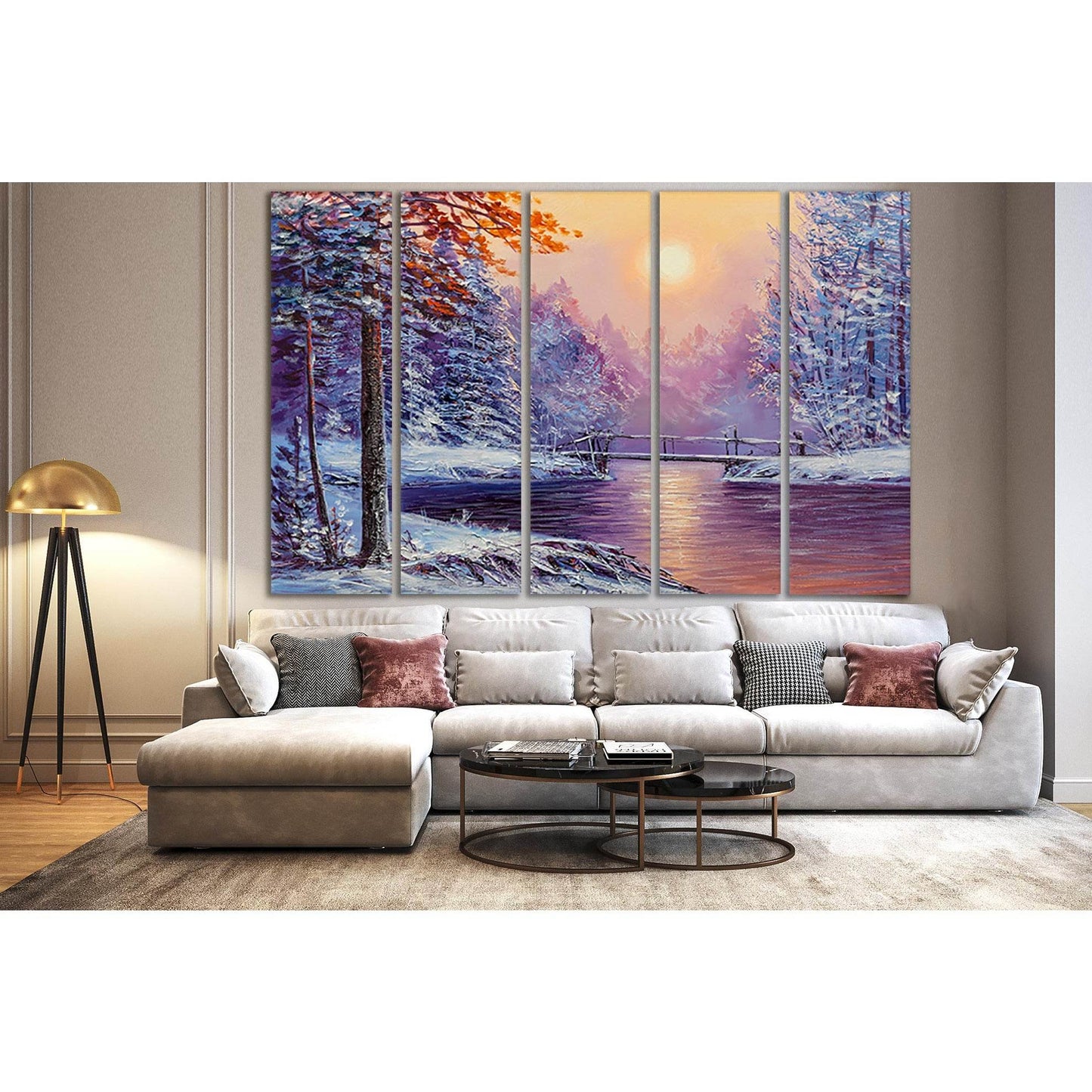 Winter River And Bridge Oil Painting №SL615 Ready to Hang Canvas Print - Zellart Canvas Prints 0new, ALL_Products, Oil Painting Wall Art