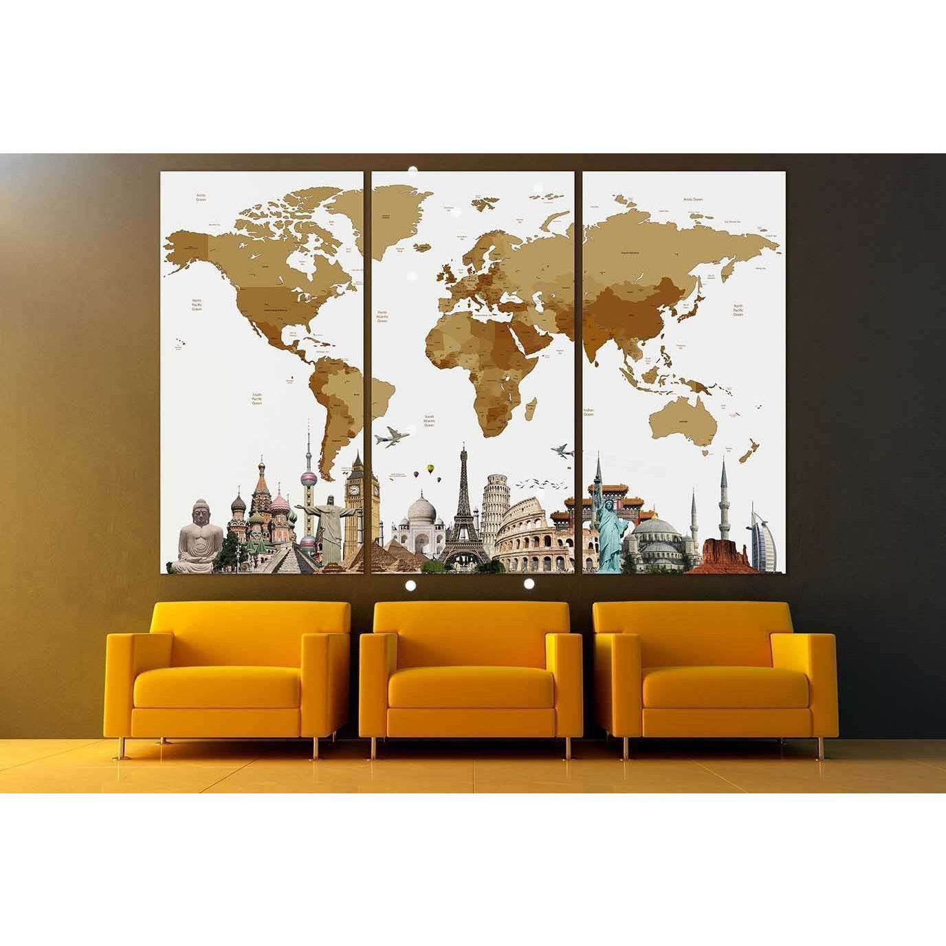 World Map with landmarks №101 Ready to Hang Canvas Print - Zellart Canvas Prints ALL_Products, autopostr_pinterest_65155, autopostr_pinterest_65157, autopostr_pinterest_65158, autopostr_pinterest_65160, wd-101
