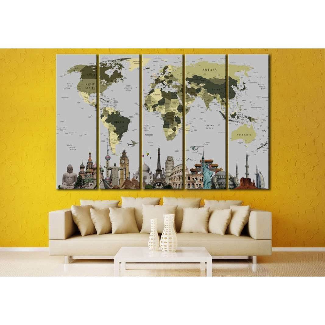 World Map With Landmarks №107 Ready to Hang Canvas Print - Zellart Canvas Prints ALL_Products, wd-107