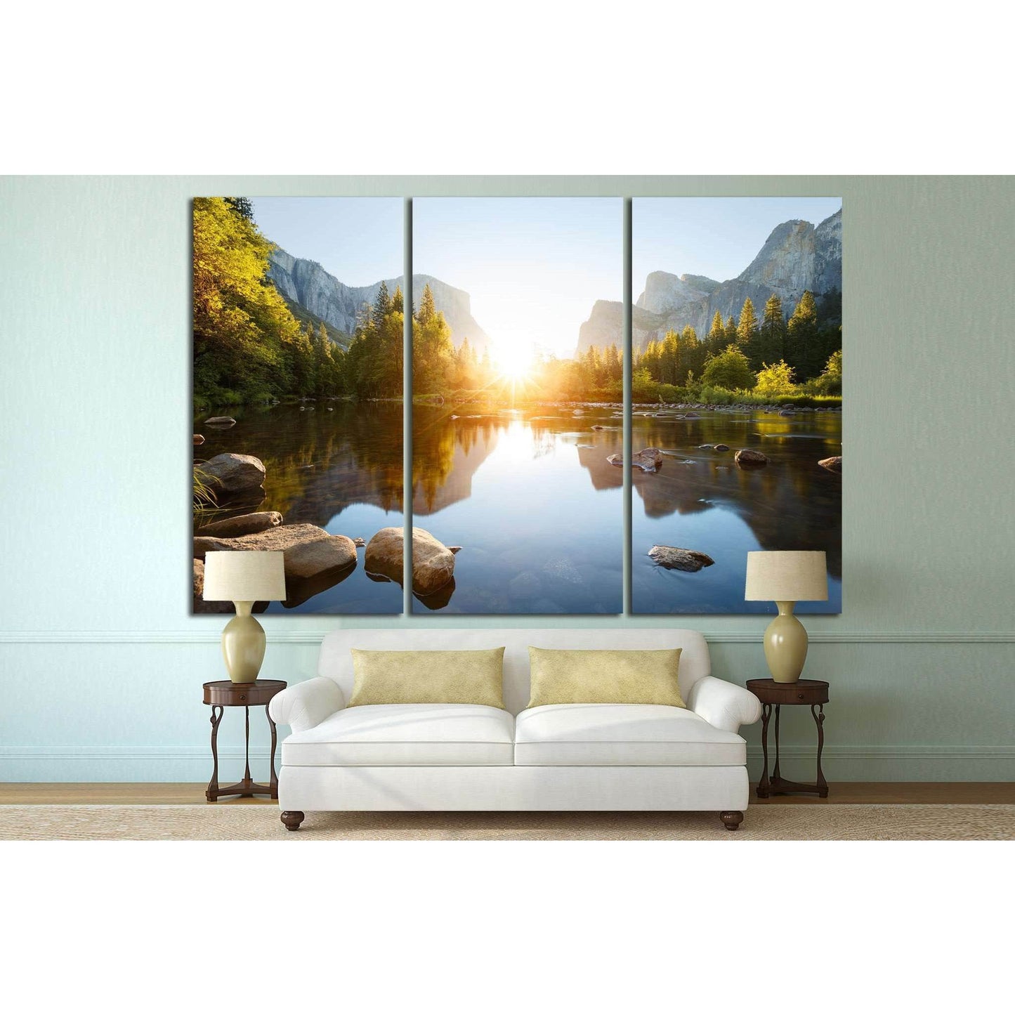 Granite Cliffs and River Reflection Wall Decor - Yosemite Landscape ArtworkThis canvas print offers a stunning portrayal of Yosemite Valley at sunrise, with the sun's first rays illuminating the granite cliffs and casting reflections on the calm waters of