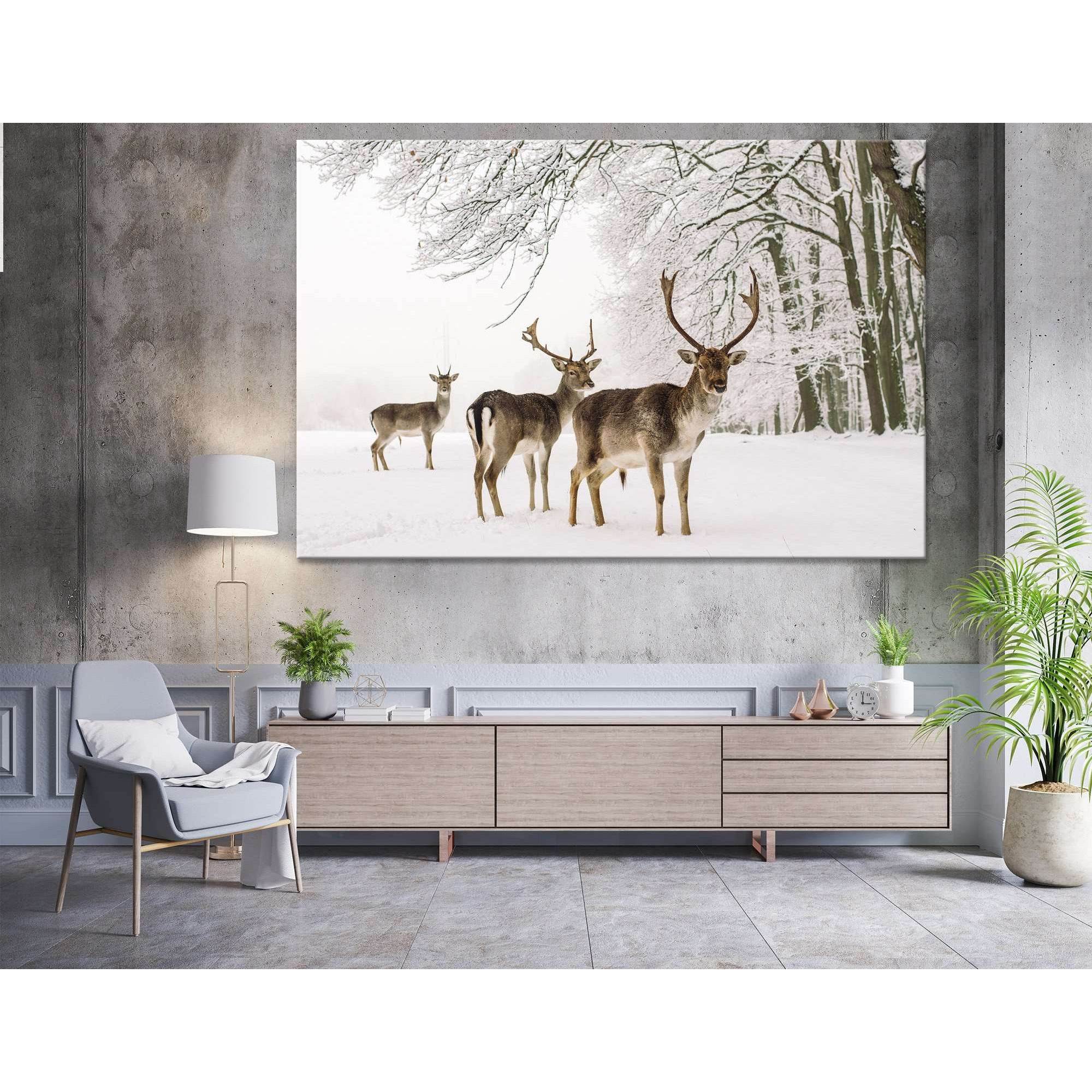 A male of fallow deer with grate antlers standing on the snow №04143 Ready to Hang Canvas Print
