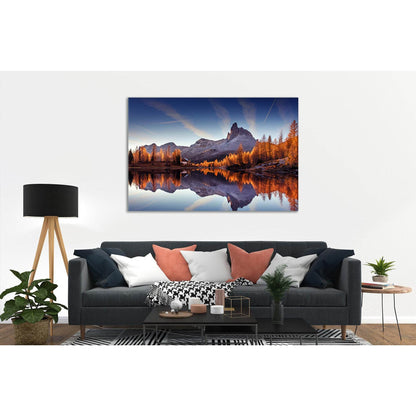 Autumn Reflections: Federa Lake Canvas ArtThis canvas print elegantly captures the golden hour at Federa Lake, with fiery autumnal trees reflected in the calm waters against a backdrop of a striking mountain peak. Ideal for wall decor, this art print enha
