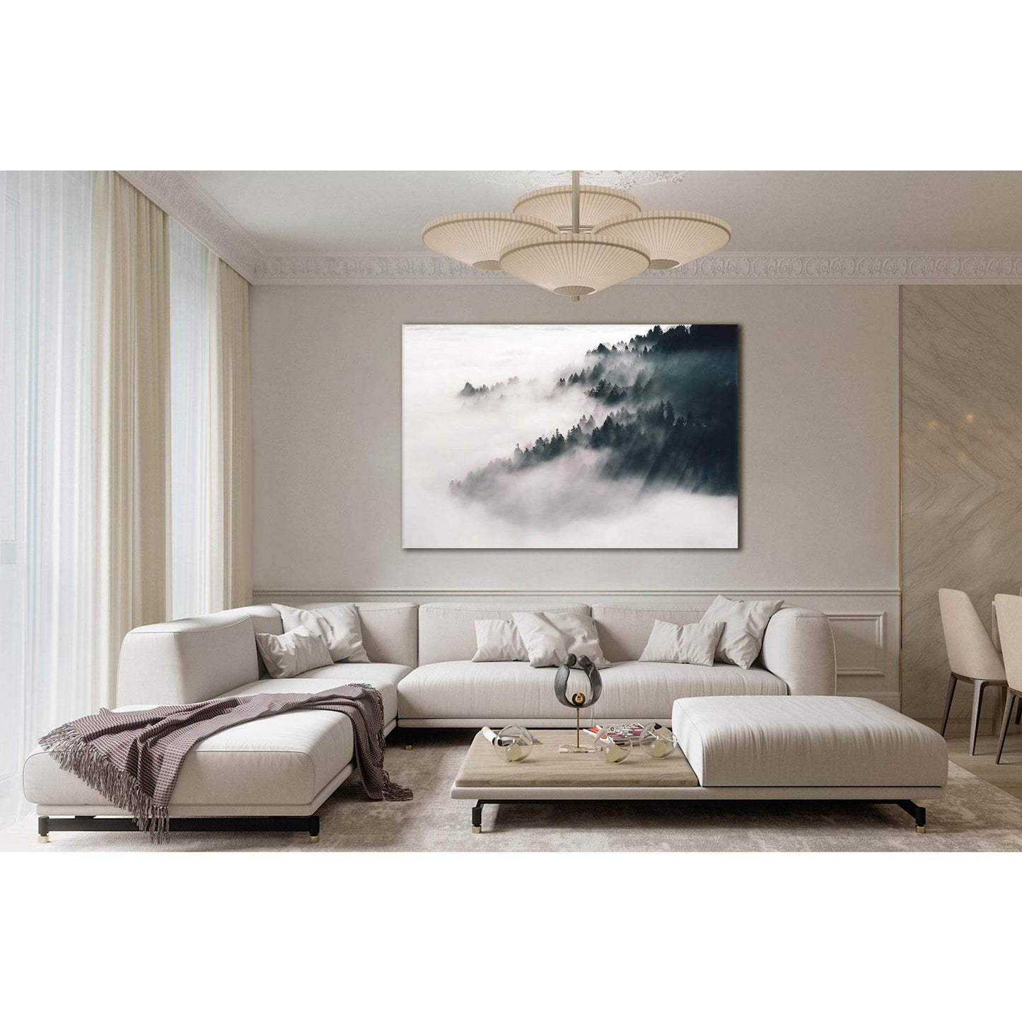 Misty Mountain Multi-Panel Wall Art for a Soothing AmbianceThis serene canvas print features a multi-panel display of misty mountains, using a muted palette of grays and blacks. Perfect for creating a calming atmosphere in bedrooms or a touch of sophistic