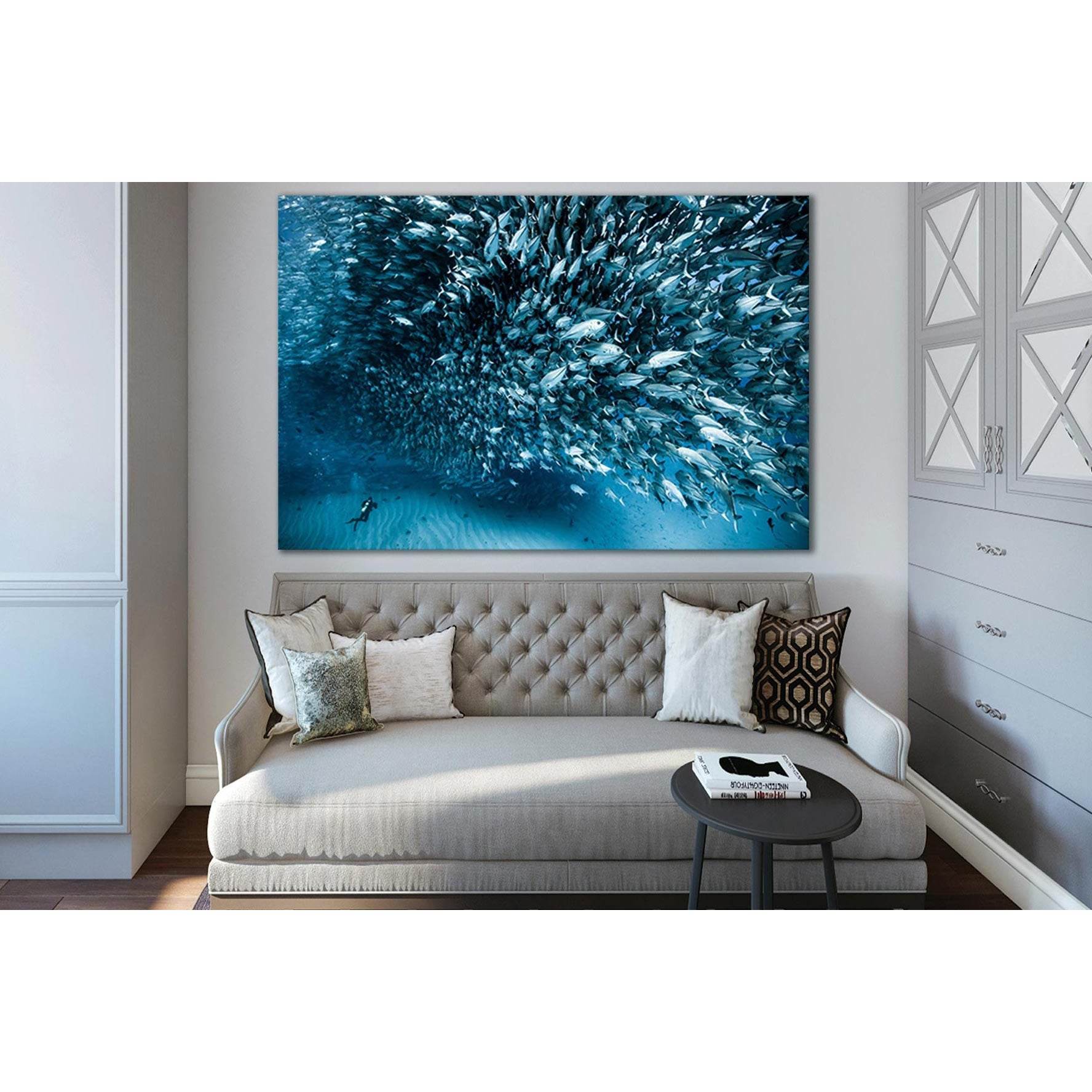 Flock Of Fish And Diver №SL1522 Ready to Hang Canvas Print