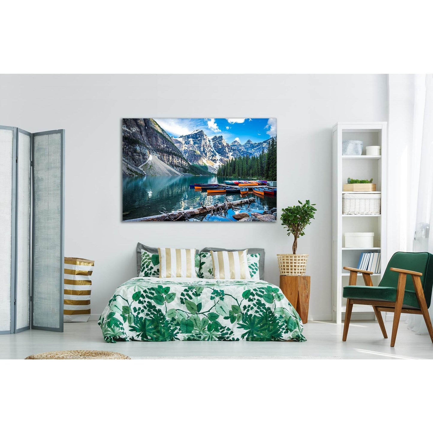 Rocky Mountains and Lake Wall Decor: An Inspiring Office AdditionThis canvas print captures the breathtaking beauty of Lake Moraine with its crystal-clear waters and majestic mountain backdrop. The vibrant blues and natural greens make it a perfect piece