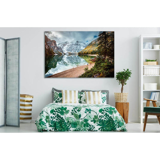 Alpine Lake Braies Canvas Art: A Nature's MirrorThis vibrant canvas print captures the serene beauty of Alpine Lake Braies, with its crystal-clear waters reflecting the snow-capped mountains. A stunning piece of wall decor, the print showcases autumnal hu