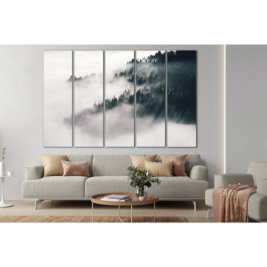Misty Mountain Multi-Panel Wall Art for a Soothing AmbianceThis serene canvas print features a multi-panel display of misty mountains, using a muted palette of grays and blacks. Perfect for creating a calming atmosphere in bedrooms or a touch of sophistic