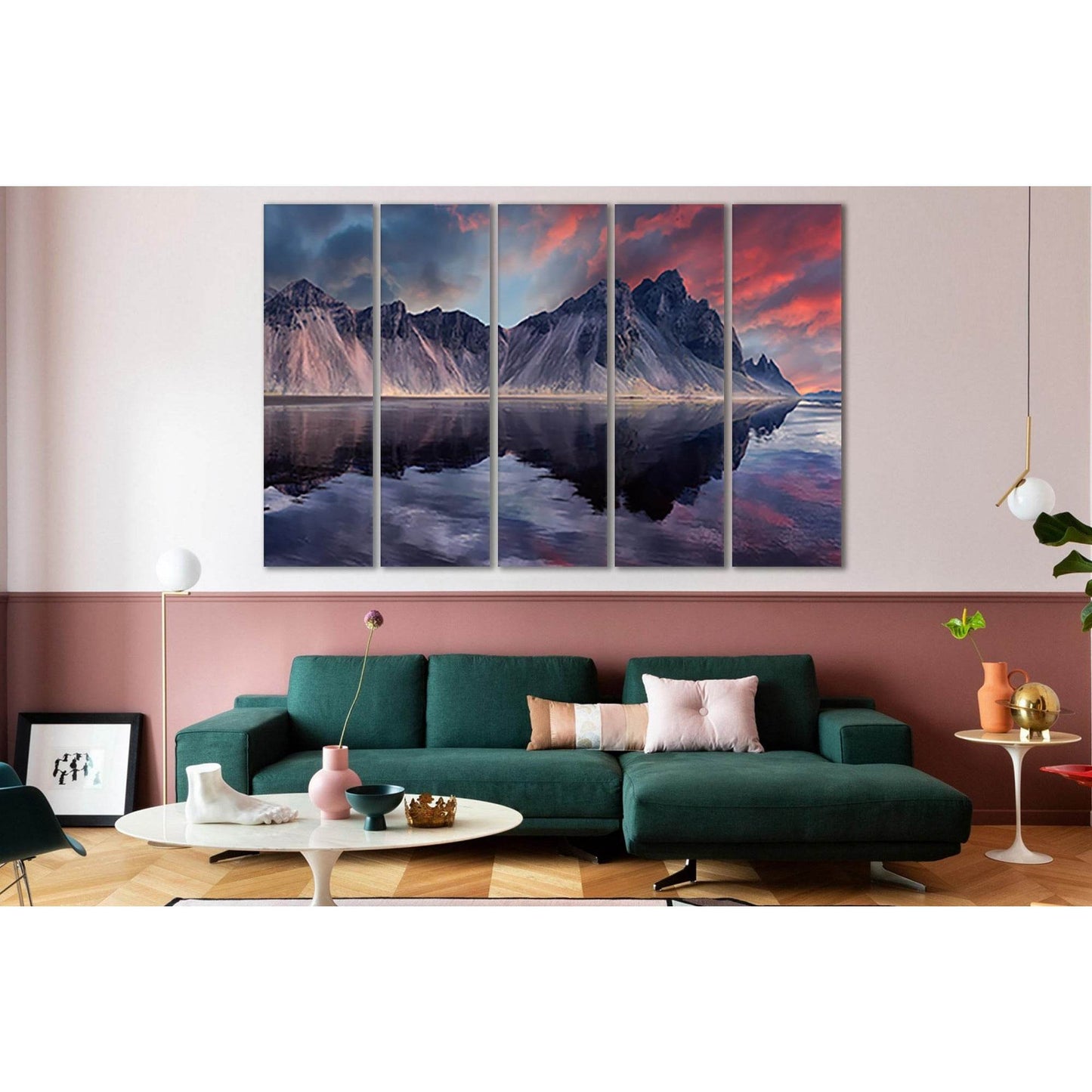Nature's Mirror: Vestrahorn Mountain Art PrintThis canvas print captures the dramatic skies and stark beauty of Vestrahorn Mountain, reflected in the still waters below. It's a stunning piece of wall art that brings the grandeur of Icelandic landscapes in