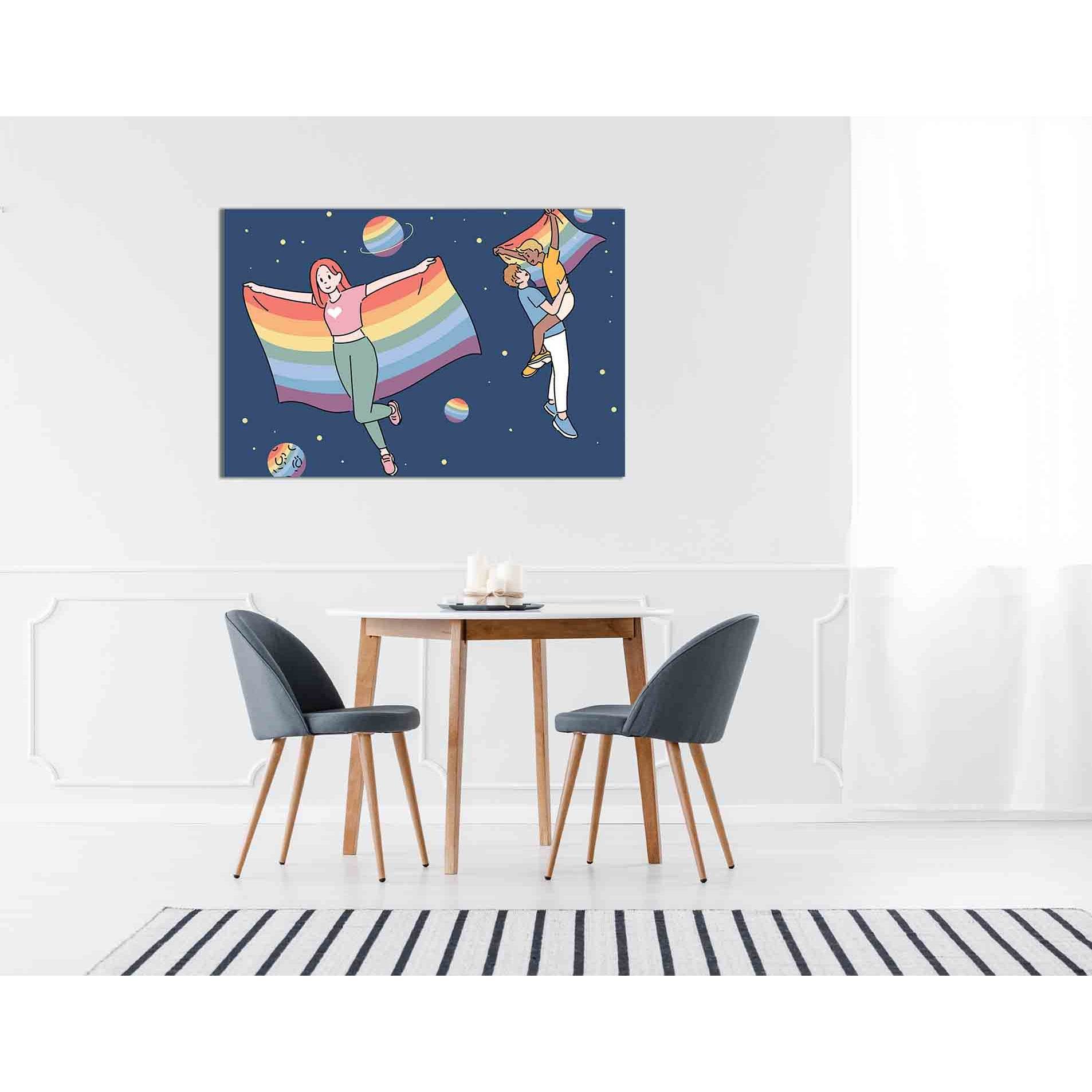 Rainbow flags in space №2141 Ready to Hang Canvas PrintCanvas art arrives ready to hang, with hanging accessories included and no additional framing required. Every canvas print is hand-crafted, made on-demand at our workshop and expertly stretched around