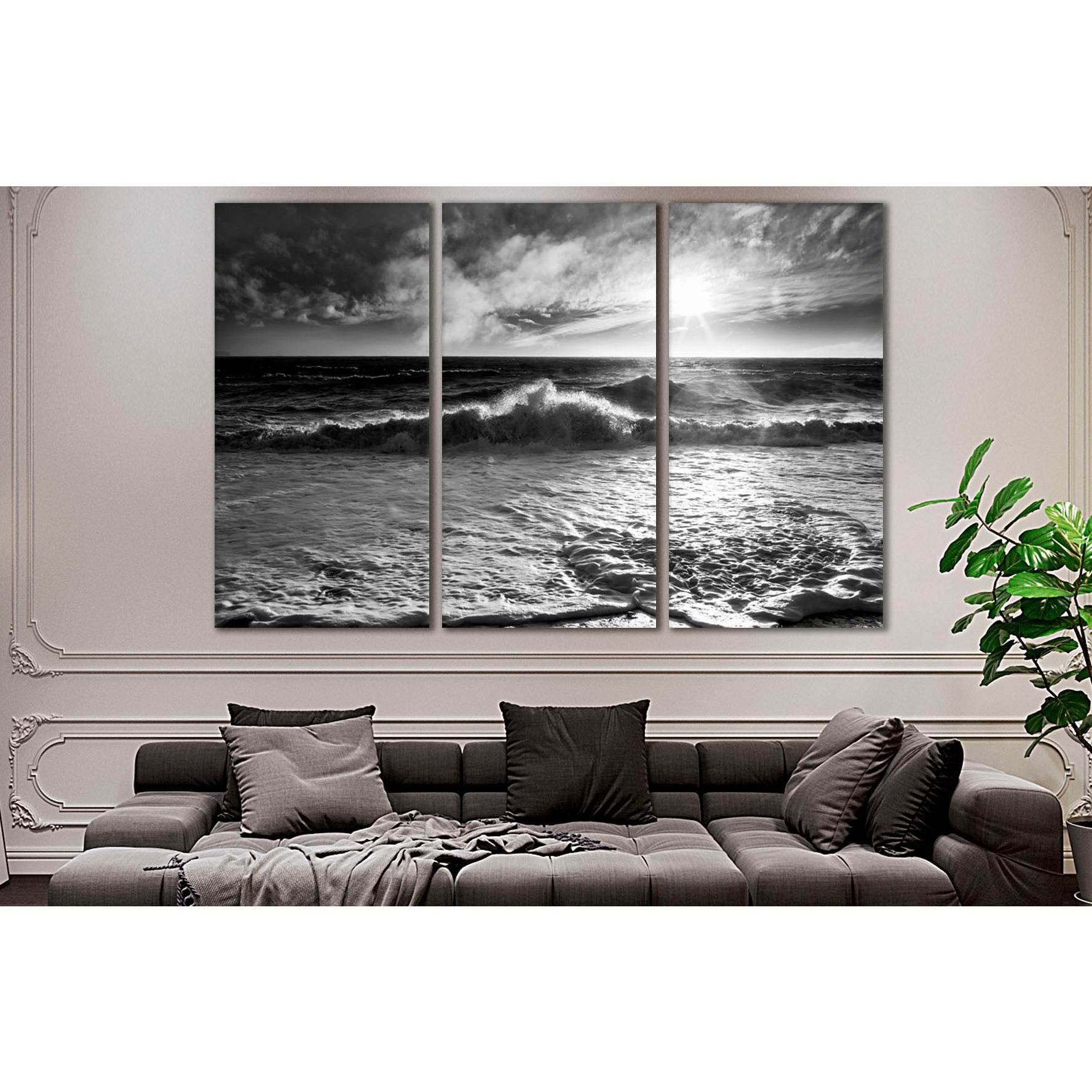 Ocean waves with a sunburst and lens flare on a windy day in black and white. №2925 Ready to Hang Canvas Print
