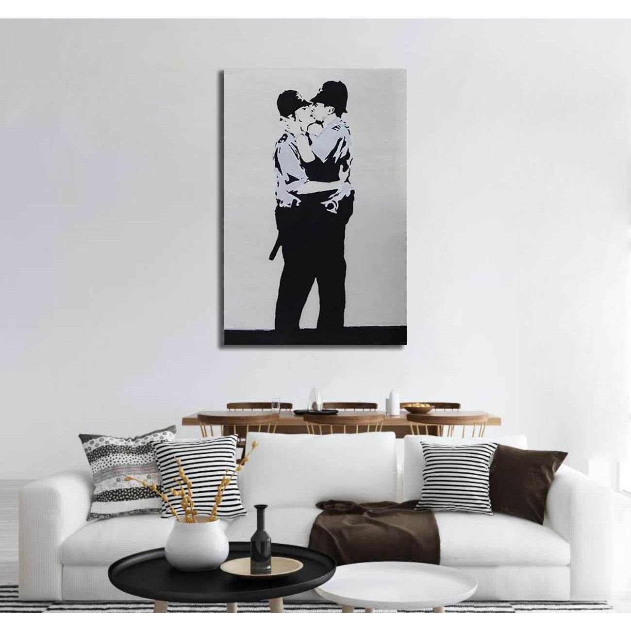 Banksy two policemen kissing - Ready to Hang Canvas PrintCanvas art arrives ready to hang, with hanging accessories included and no additional framing required. Every canvas print is hand-crafted, made on-demand at our workshop and expertly stretched arou