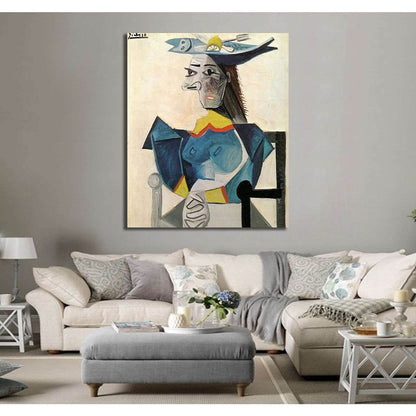Pablo Picasso, Woman in a fish hat - Canvas printCanvas art arrives ready to hang, with hanging accessories included and no additional framing required. Every canvas print is hand-crafted, made on-demand at our workshop and expertly stretched around 100%