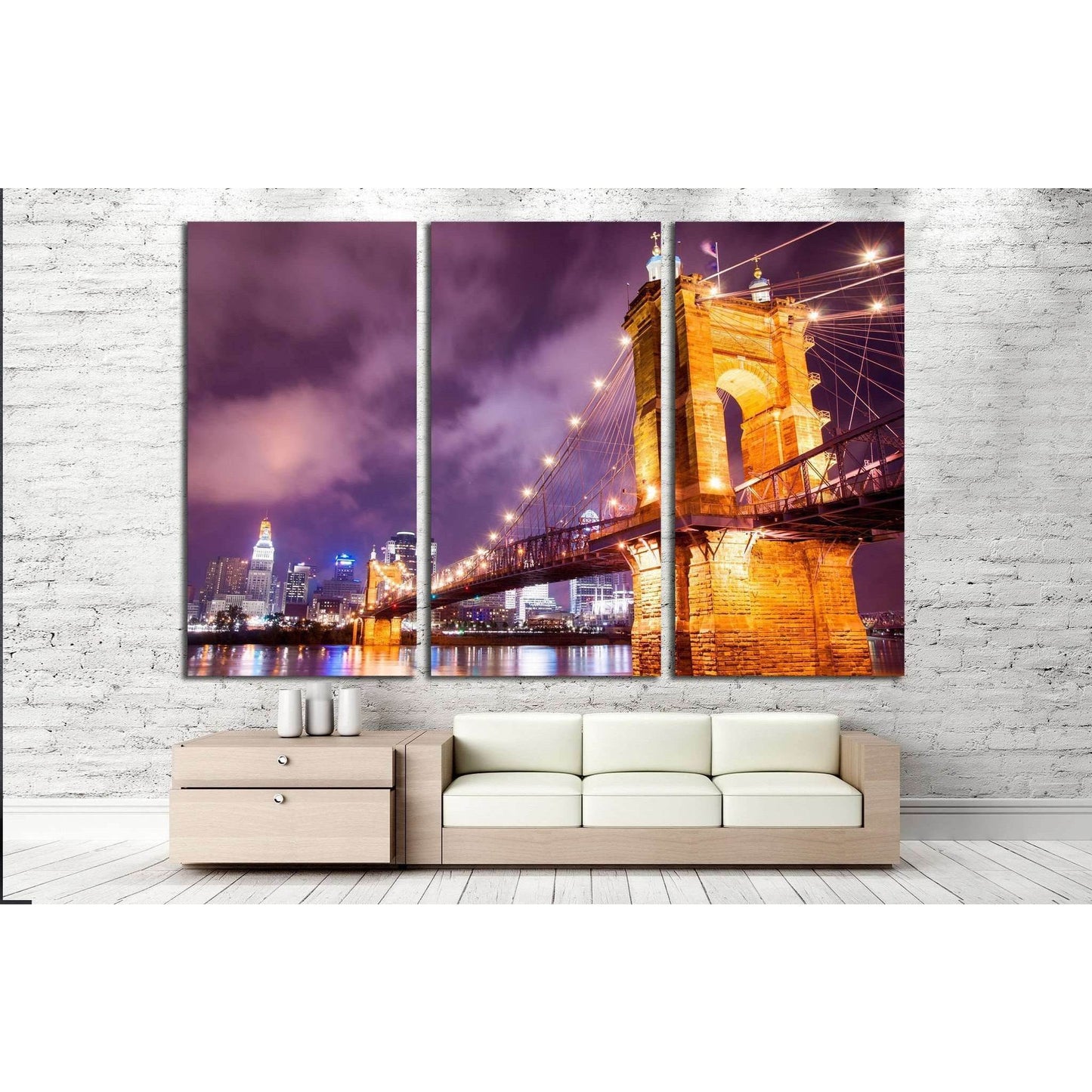 A beautiful aged bridge by the Cincinnati skyline №1673 Ready to Hang Canvas Print - Zellart Canvas Prints ALL_Products, s-1673