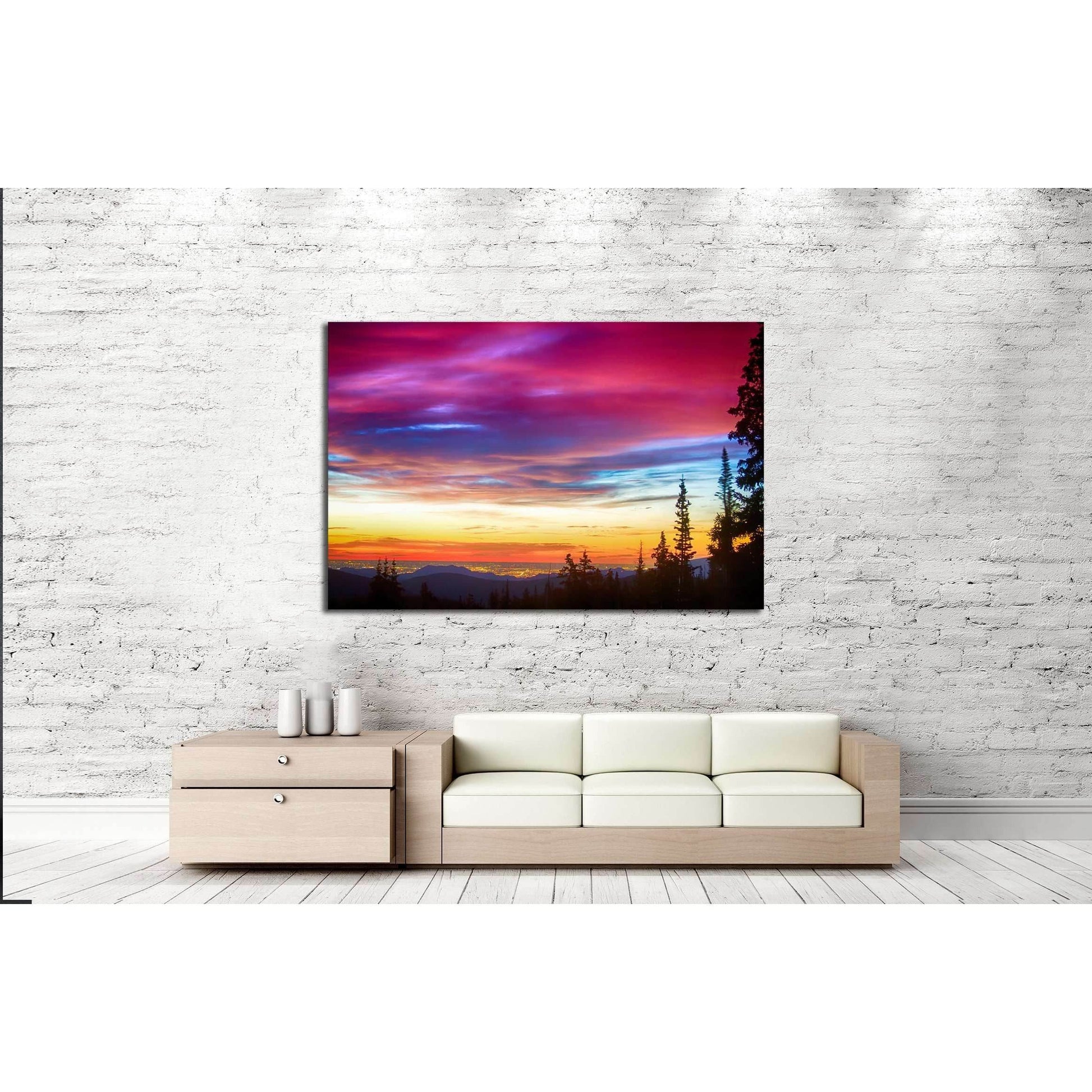 Colorful Sky and Forest Landscape Wall Art for Modern DecorThis canvas print features a stunning sunset with a vibrant palette of colors stretching across the sky, silhouetting a tranquil forest landscape. It brings a dynamic and colorful touch to any spa