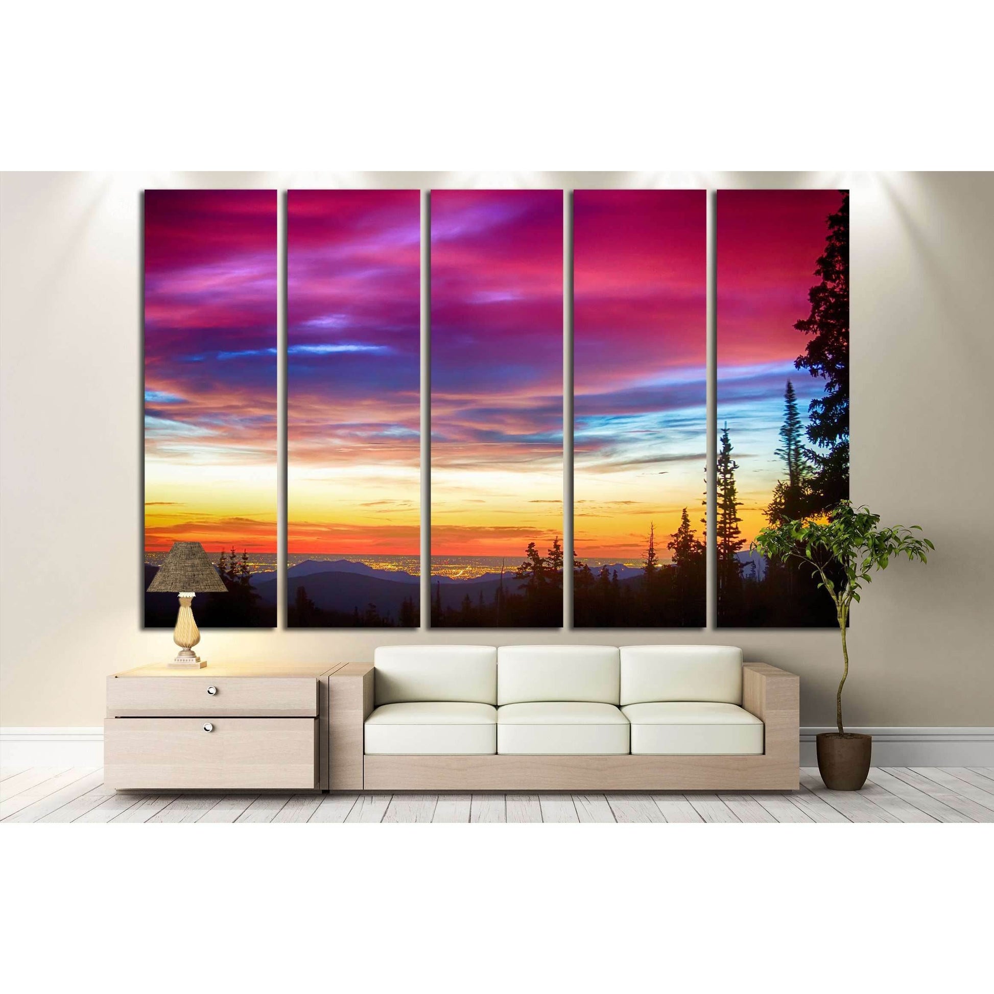 Colorful Sky and Forest Landscape Wall Art for Modern DecorThis canvas print features a stunning sunset with a vibrant palette of colors stretching across the sky, silhouetting a tranquil forest landscape. It brings a dynamic and colorful touch to any spa