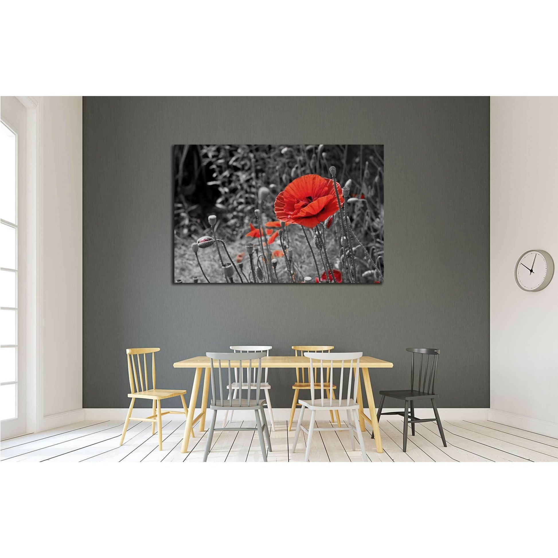 Vivid Red Poppies Canvas Art - Symbolic Nature DecorThis canvas print features a selective color technique highlighting vibrant red poppies against a monochrome background, bringing a striking contrast that draws the eye. The poppies, symbolizing remembra