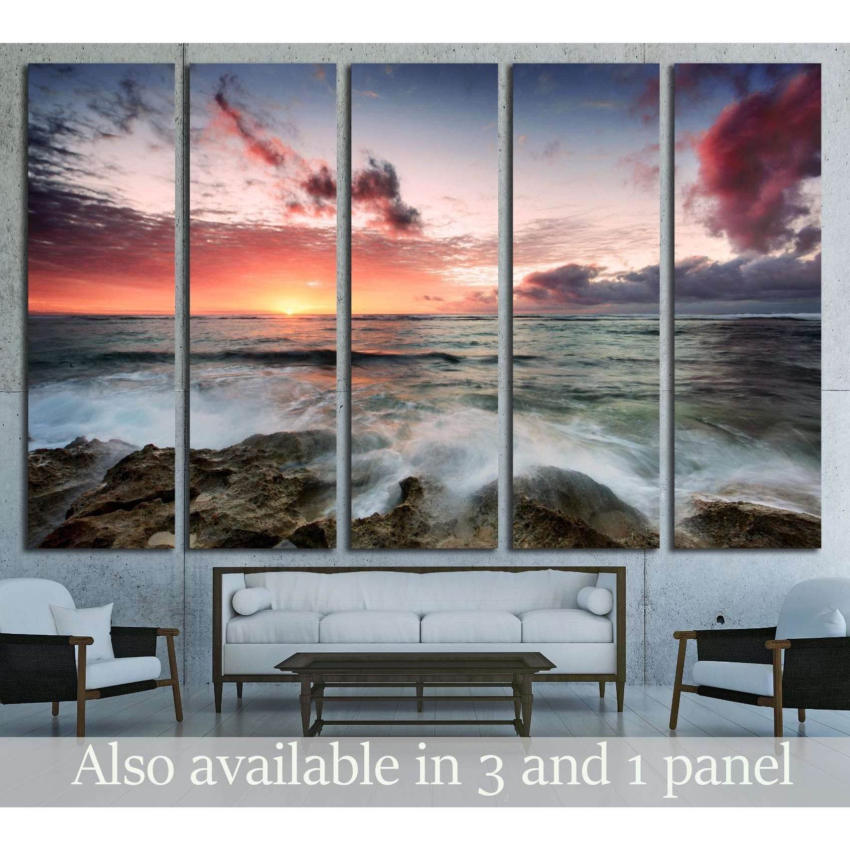 A cloudy sunset as waves crash over rocks №2823 Ready to Hang Canvas Print - Zellart Canvas Prints ALL_Products, s-2823