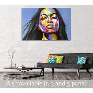 Colorful woman portrait canvas print with bold abstract brushstrokes above a sofa