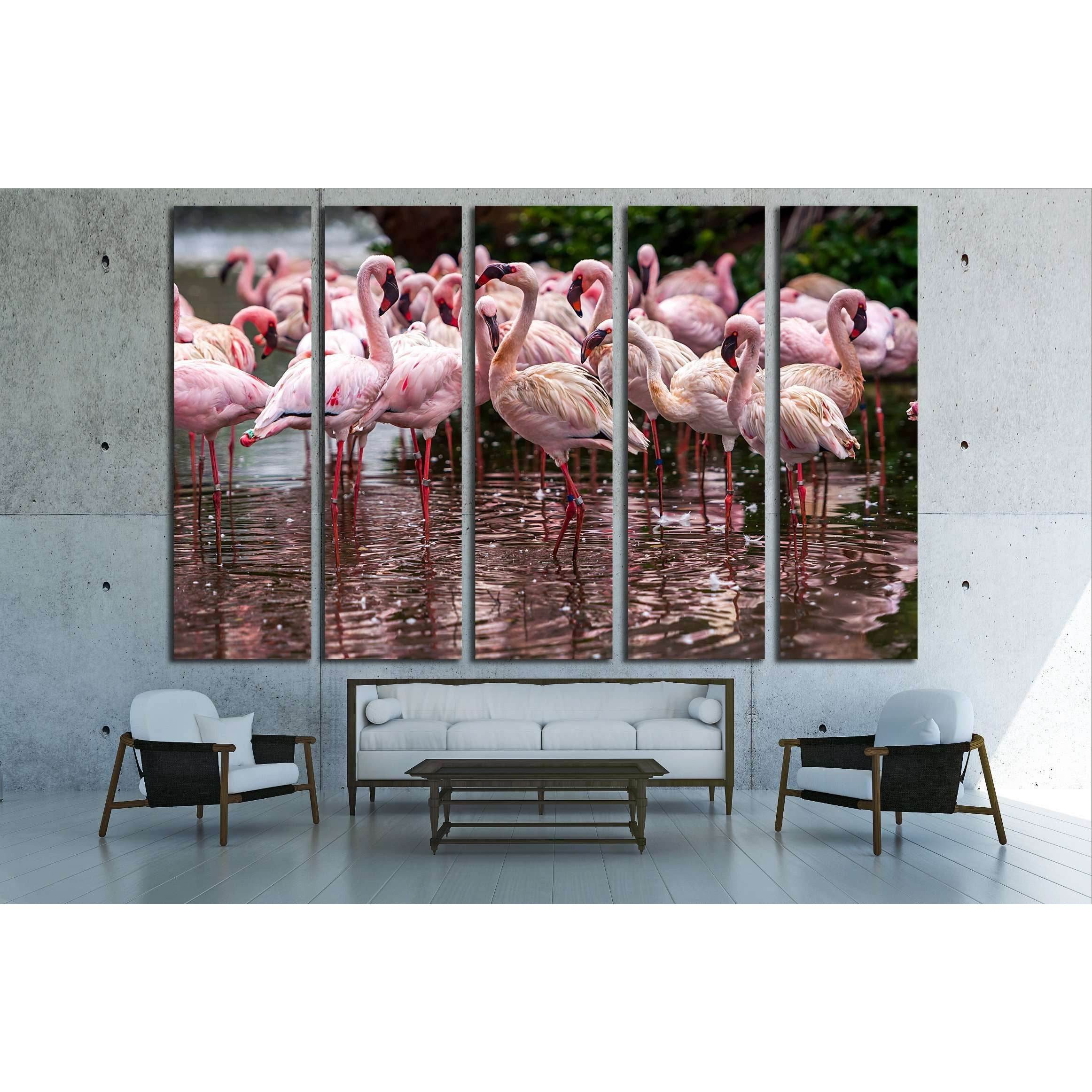 A flock of pink flamingos and reflection in the water №2795 Ready to Hang Canvas Print