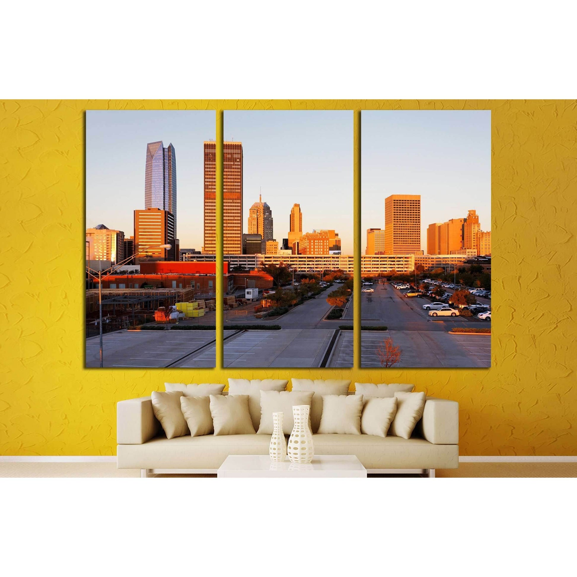 A view of the skyline of Oklahoma City at sunrise. №2636 Ready to Hang Canvas Print - Zellart Canvas Prints ALL_Products, s-2636