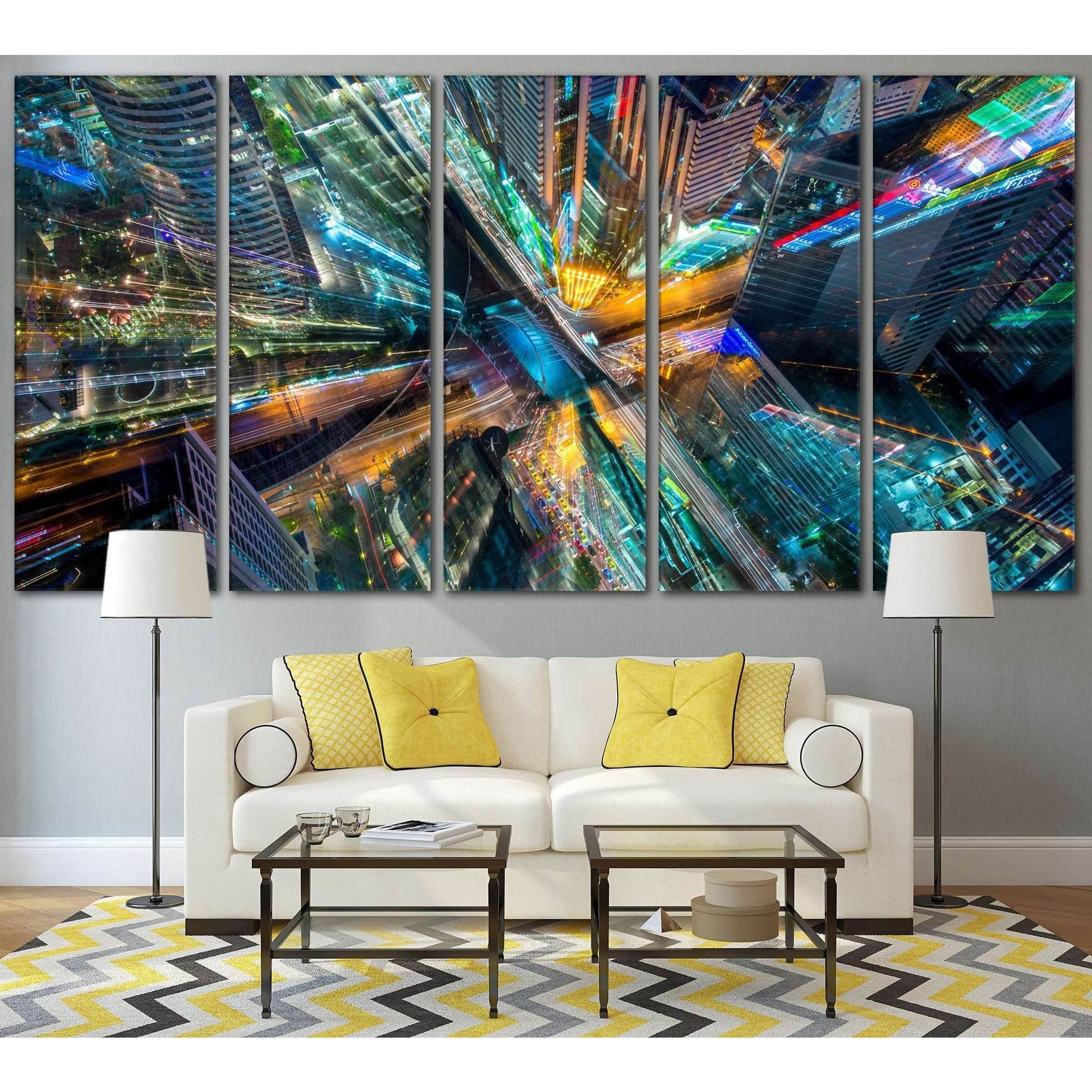 Abstract cityscape canvas print with neon teal, gold, blue, and red night lights stretching between high-rise buildings