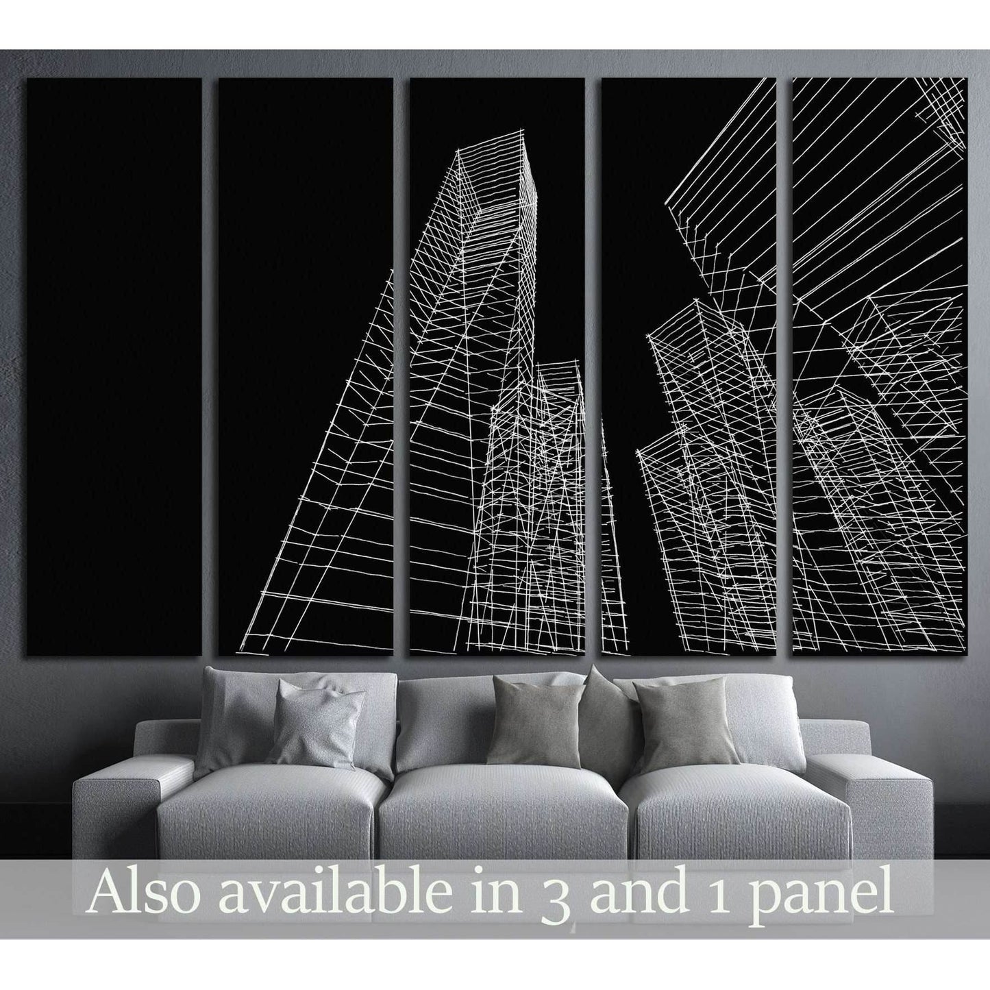 Black and white wireframe skyscraper canvas print in a multi-panel modern living room mockup