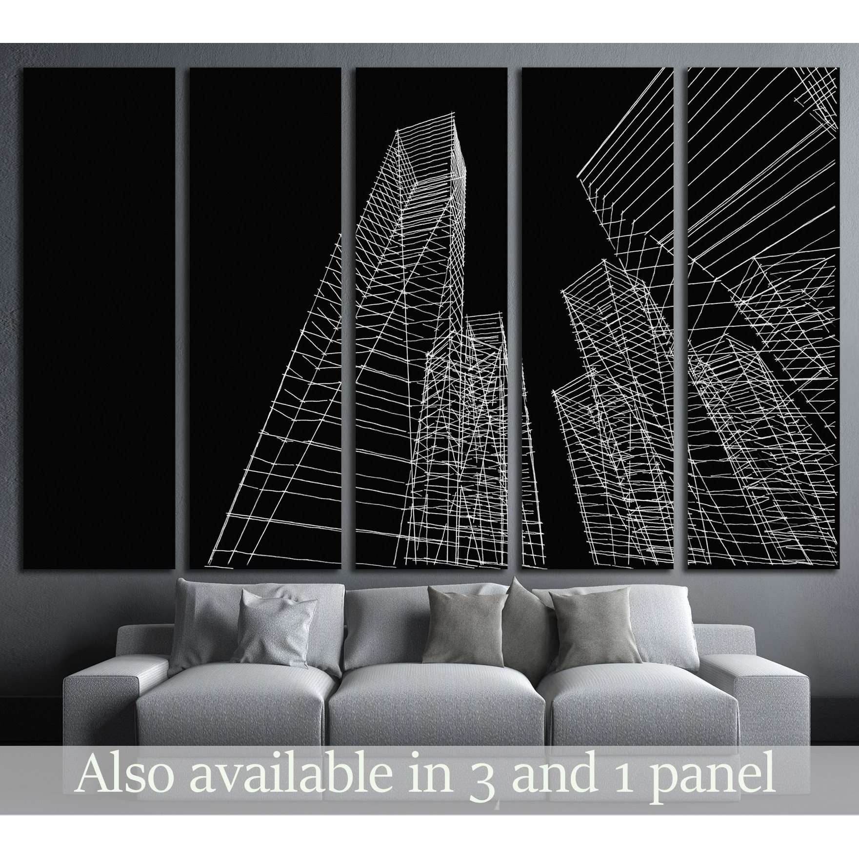 Black and white wireframe skyscraper canvas print in a multi-panel modern living room mockup