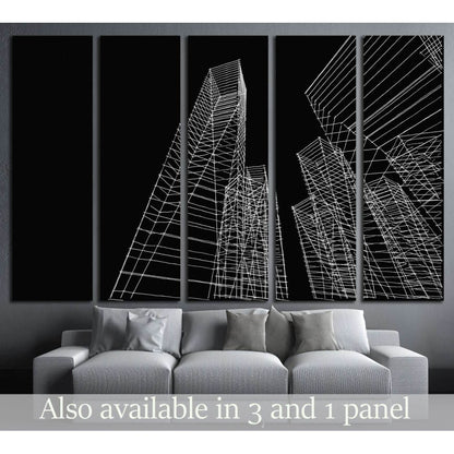 Black and white wireframe skyscraper canvas print in a multi-panel modern living room mockup