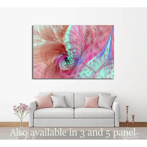 Pink and teal abstract fractal canvas print with floral spirals above a sofa in a modern living room