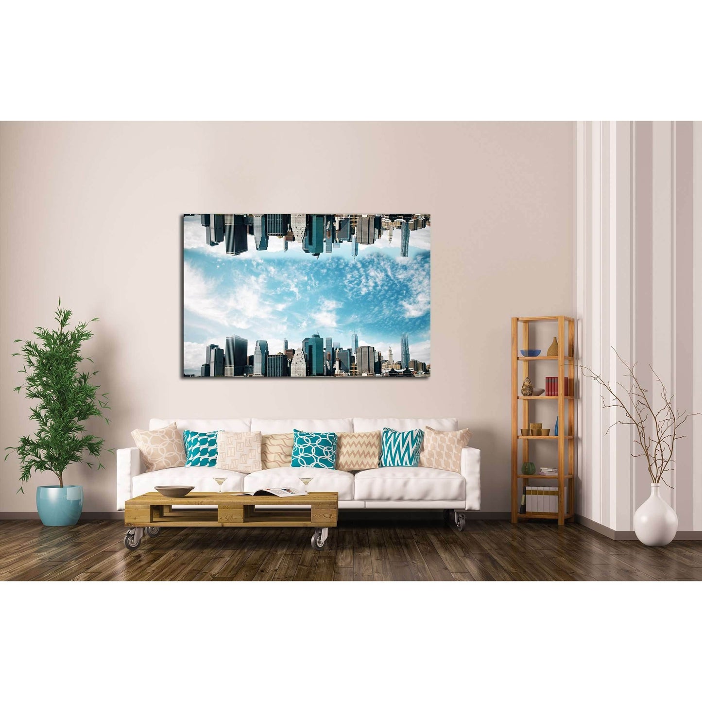 Abstract upside down cityscape on sky background. Wallpaperbackdrop with copy space №2970 Ready to Hang Canvas PrintCanvas art arrives ready to hang, with hanging accessories included and no additional framing required. Every canvas print is hand-crafted,
